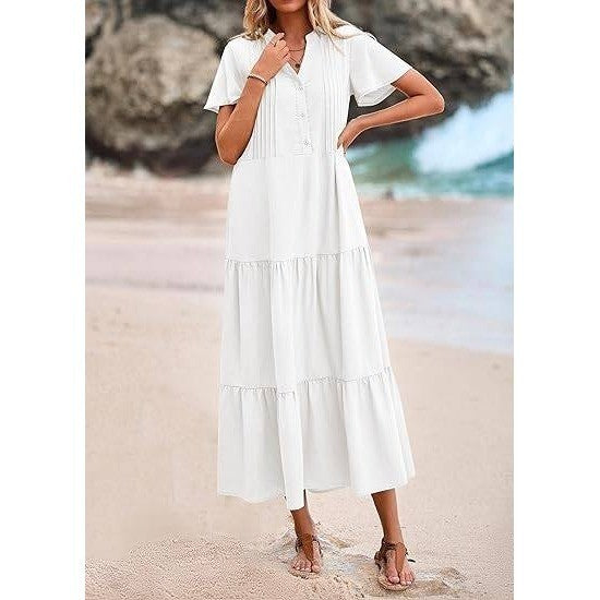 MSRP $53 KIRUNDO Women's White L Summer Maxi Dresses Spring Fashion Short Slee