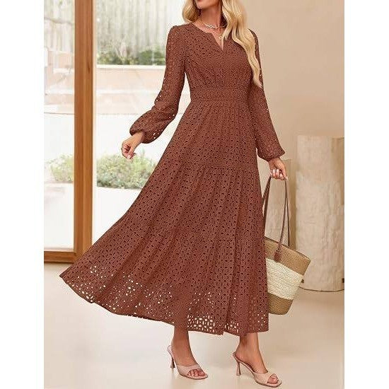 MSRP $78 ZESICA Women's L Brown Fall Long Sleeve Eyelet Maxi Dress V Neck Hollow