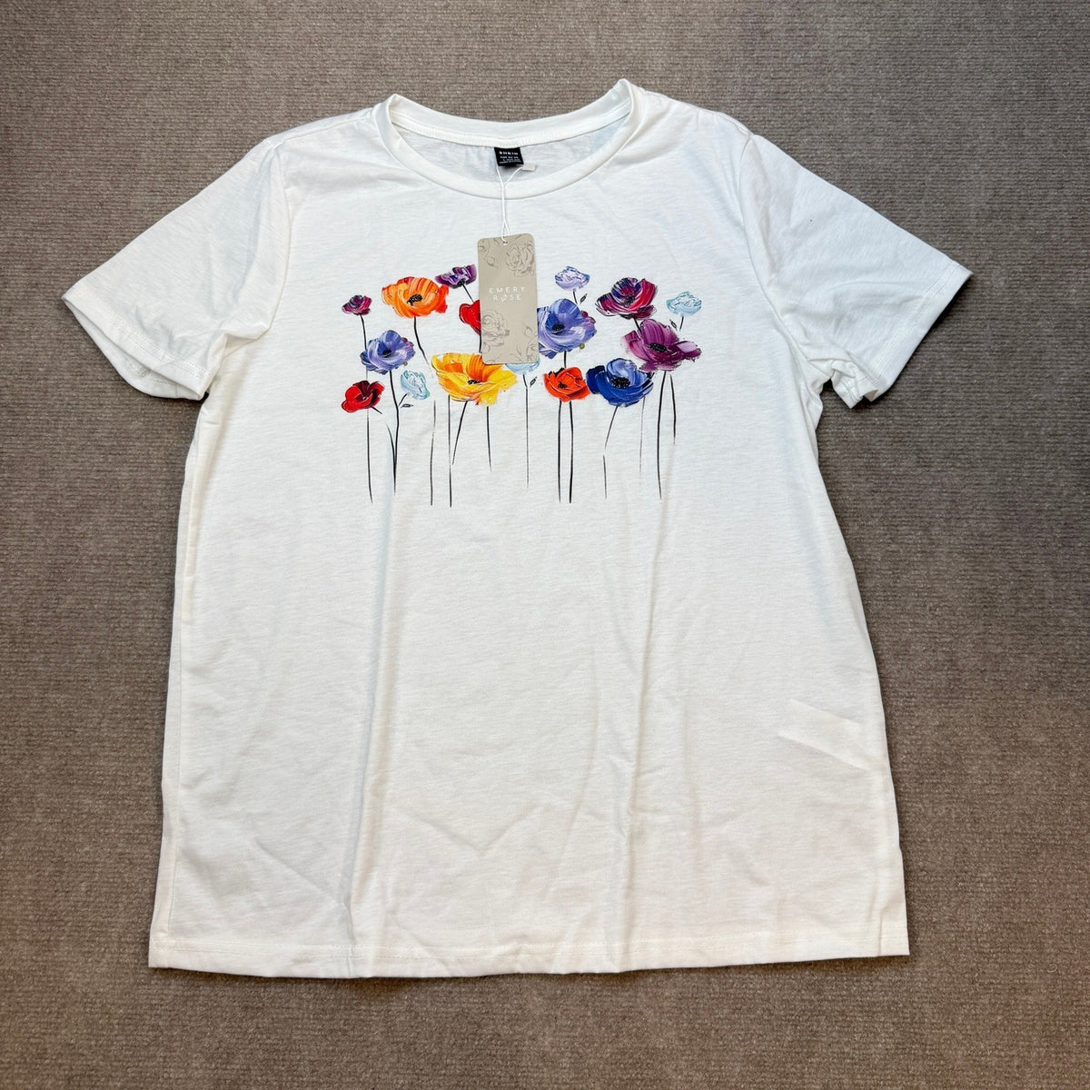 NWT Shein Emery Rose Women's L Casual Floral Print White Short Sleeve T-Shirt W