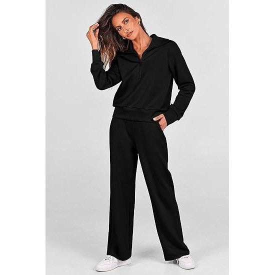 MSRP $46 PRETTYGARDEN Women's S Black 2 Piece Outfits Casual Lapel Half Zip S