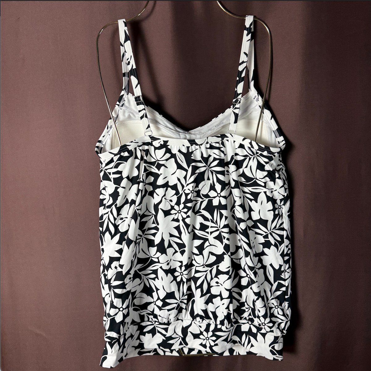 Lands' End Women's 2-4 LONG Blouson Tankini Swim Top White/Black Havana Floral S