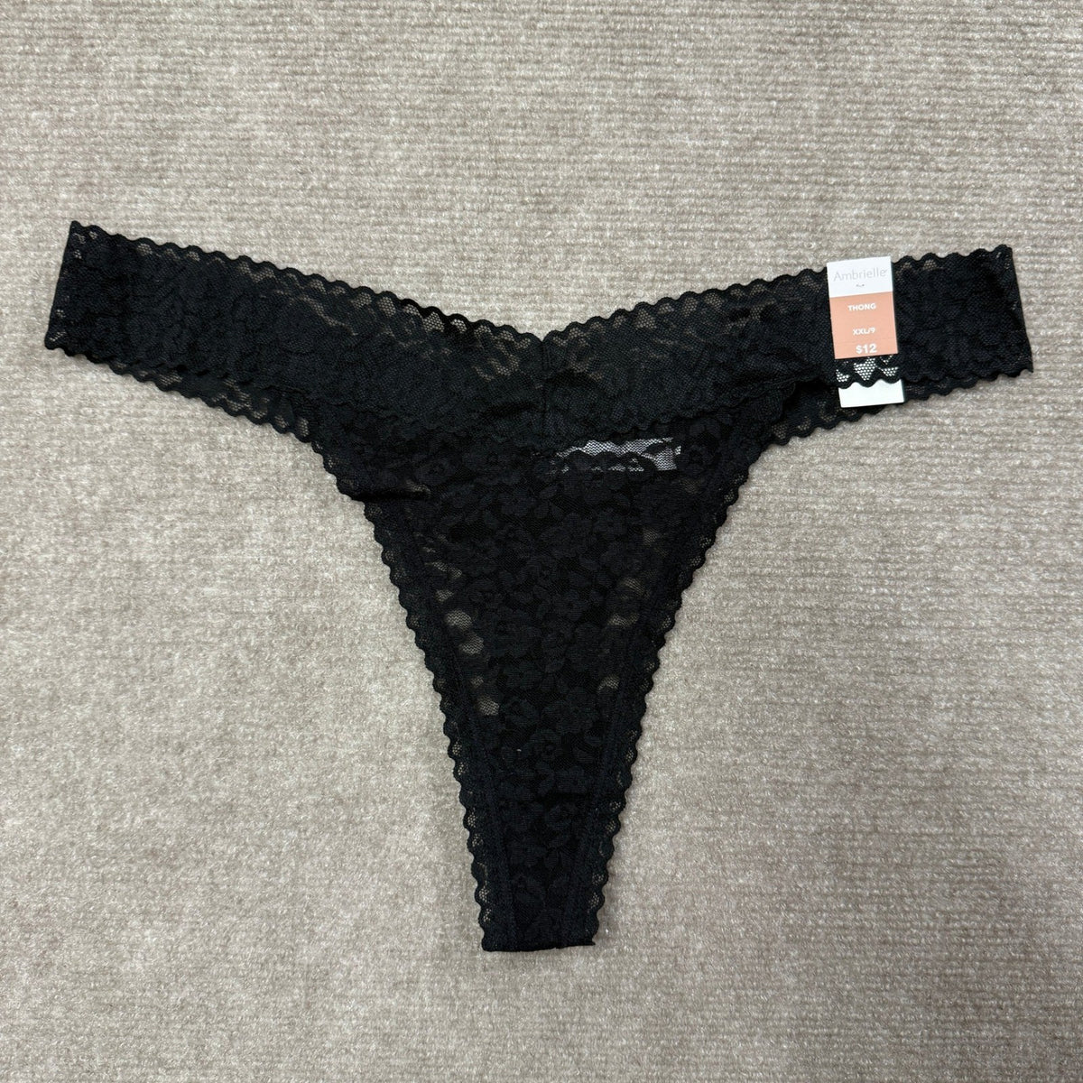 MSRP $12 Ambrielle Womens XXL/9 Black Everyday Lace Thong Panty