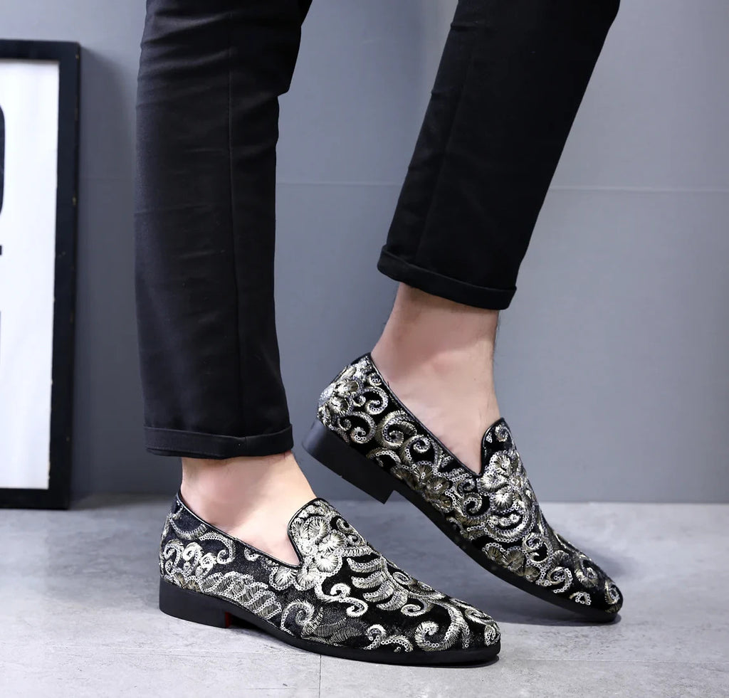 Santimon Men's US 9.5, 12 Black Velvet Gold Stitching Sequins Loafers Shoes