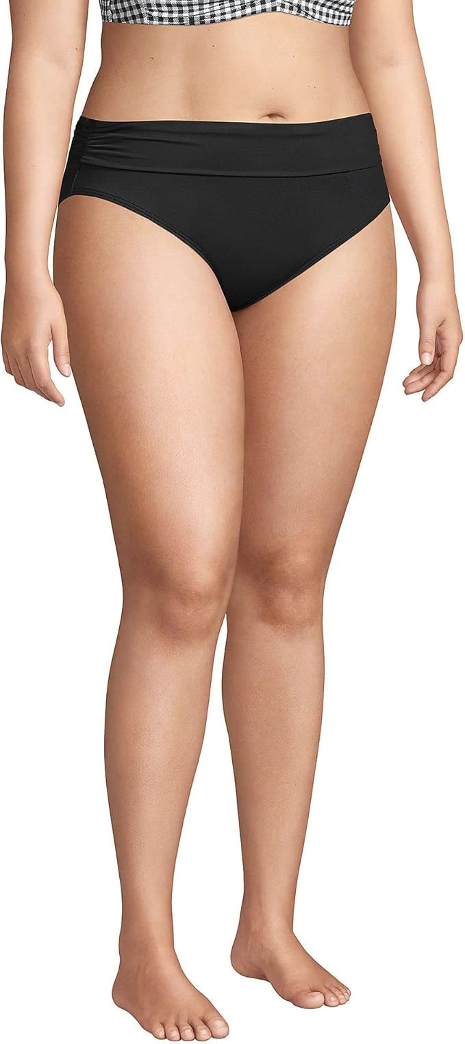 Lands' End Women's S LONG Bikini Swim Bottoms Fold Over Mid Waist Black Chlorine
