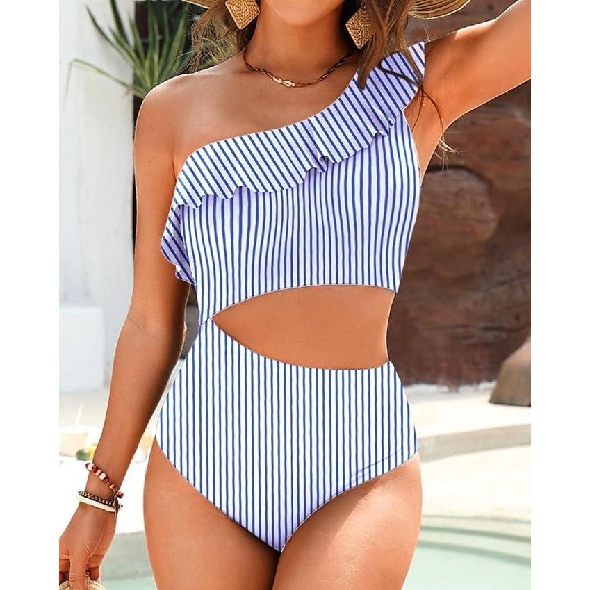 MSRP $36 Talisea Women's M One Piece Cutout Swimsuit One Shoulder Ruffle Cut