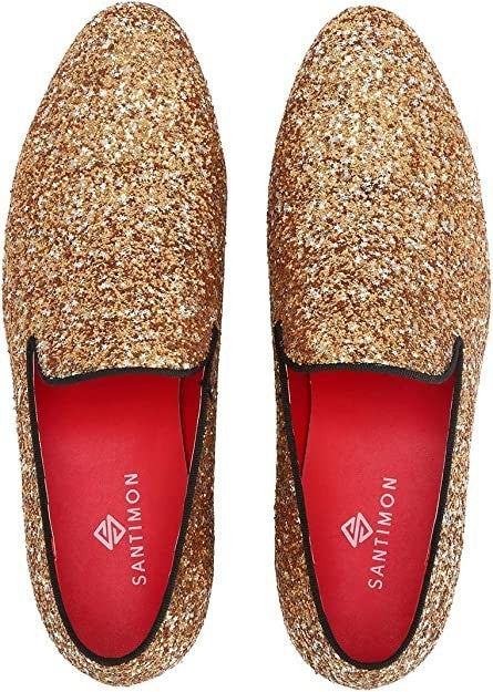 Santimon Men's US 9.5 - 12.5 Gold Sequins Glitter Smoking Loafers Dress Shoes  P