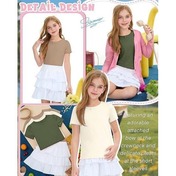 NWT LessonZoo 3 Pack Girls 7-8Y Cream/Khaki/Olive Green Bow Crewneck Tees Short