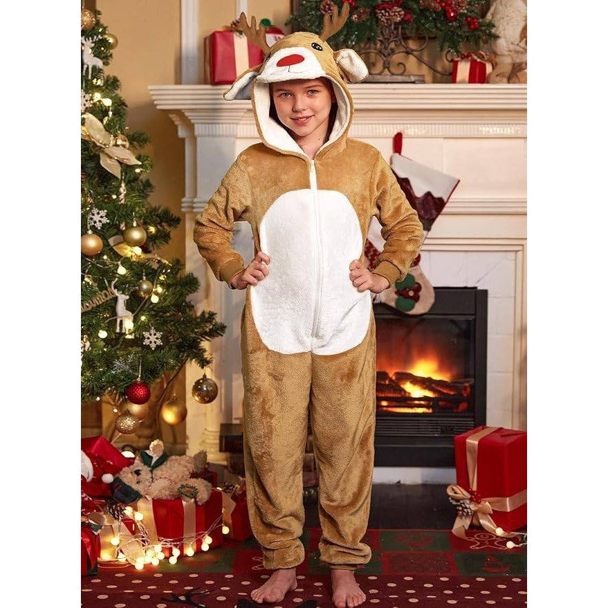 IIMMER Kids 11-12Y Christmas Costume Brown Reindeer Flannel Hooded Jumpsuit