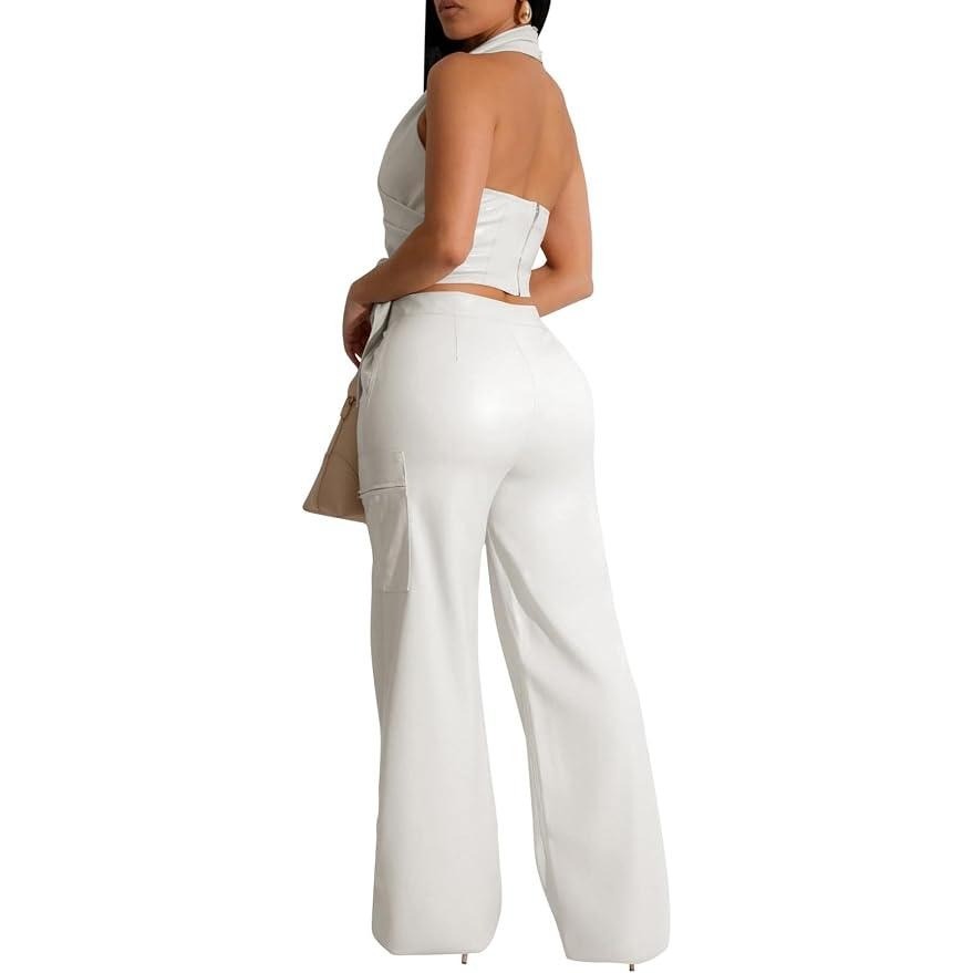 MSRP $72 WOKANSE Women's XL White PU Leather Stretchy 2 Piece Outfit Belted