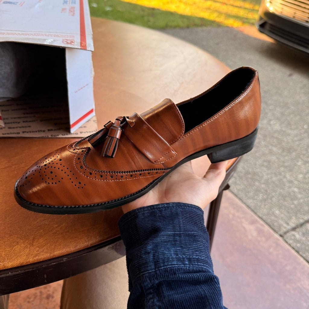 Santimon Men's US 7.5 Brown Wingtip Tassel Smoking Loafers Slip On Dress Shoes