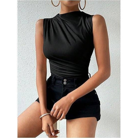 MSRP $30 Milumia Women's XL Black Ruched Tank Top Sleeveless Mock Neck Bodysu