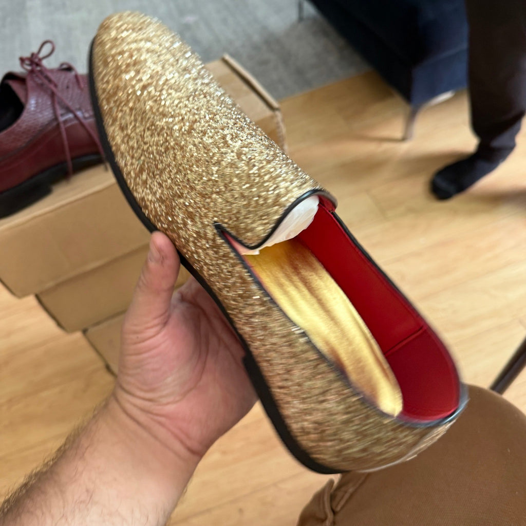 Santimon Men's US 12 Gold Glitter Slip-On Loafers Sequin Dress Shoes