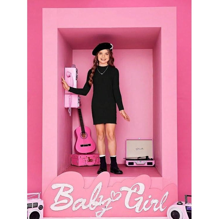 MSRP $30 Floerns Girls 11-12Y Black Long Sleeve Rib Knit Fitted Pencil Dress