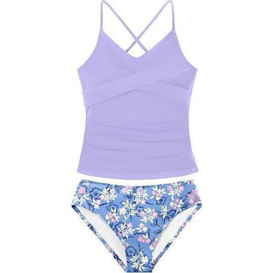 MSRP $26 Girls 11-12Y Purple Swimsuit Tankini Criss Cross Ruched 2 Piece Bathin