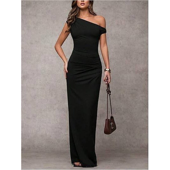 MSRP $65 Verdusa Women's M Black Off The Shoulder Maxi Dress Asymmetrical Ruch