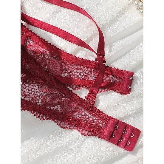 MSRP $18 Viomisha Women's L Red Floral Lace Two Piece Underwire Lingerie Lace