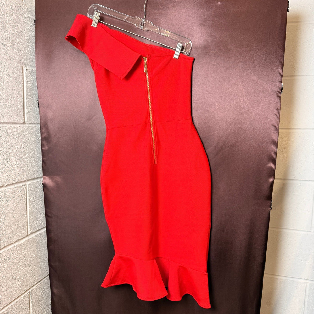 UONBOX Women's XS Red One Shoulder Sleeveless Bodycon Dress Midi Mermaid Banda