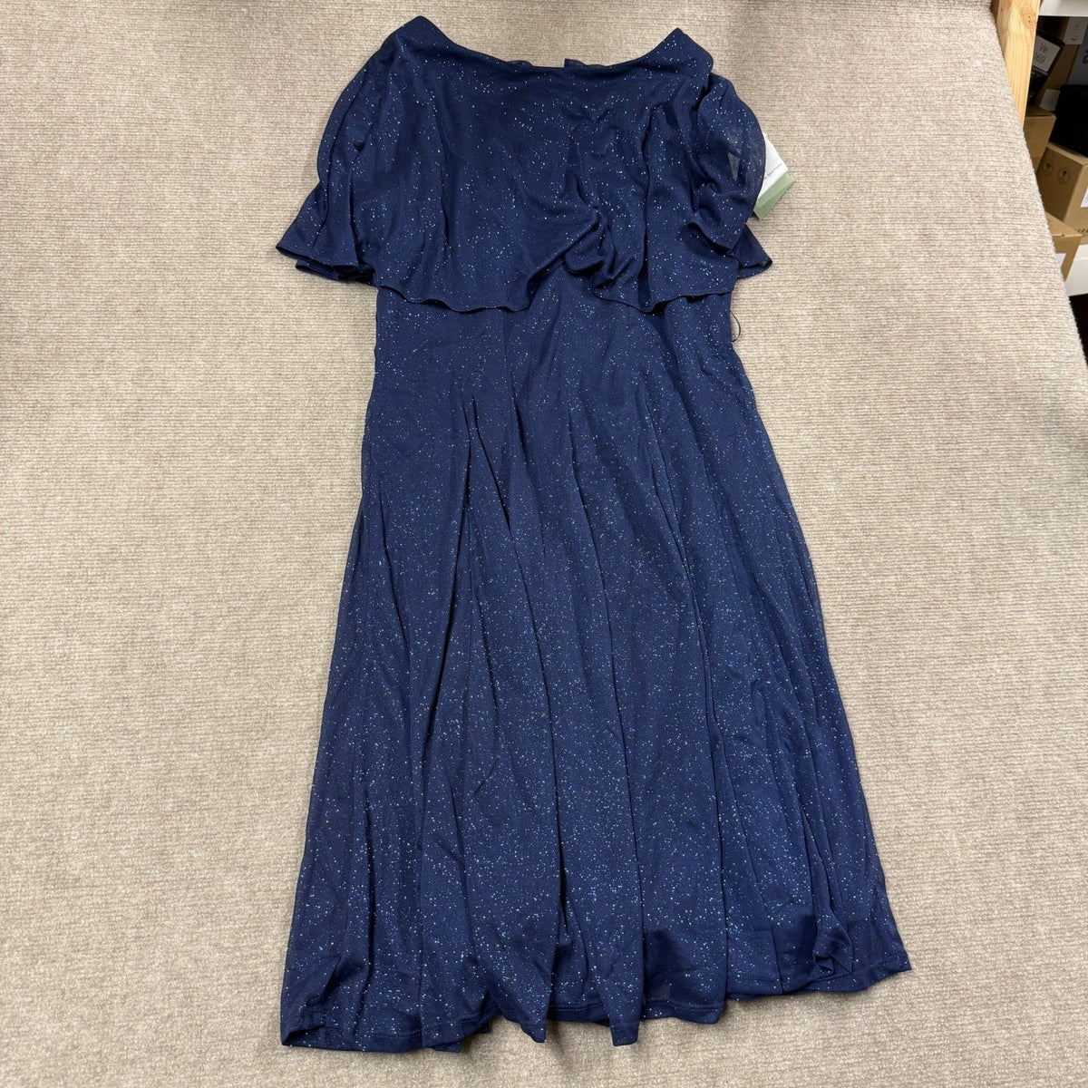 MSRP $100 J Taylor Womens 16 Navy Chiffon Glitter Short Sleeve Fit + Flare Dress