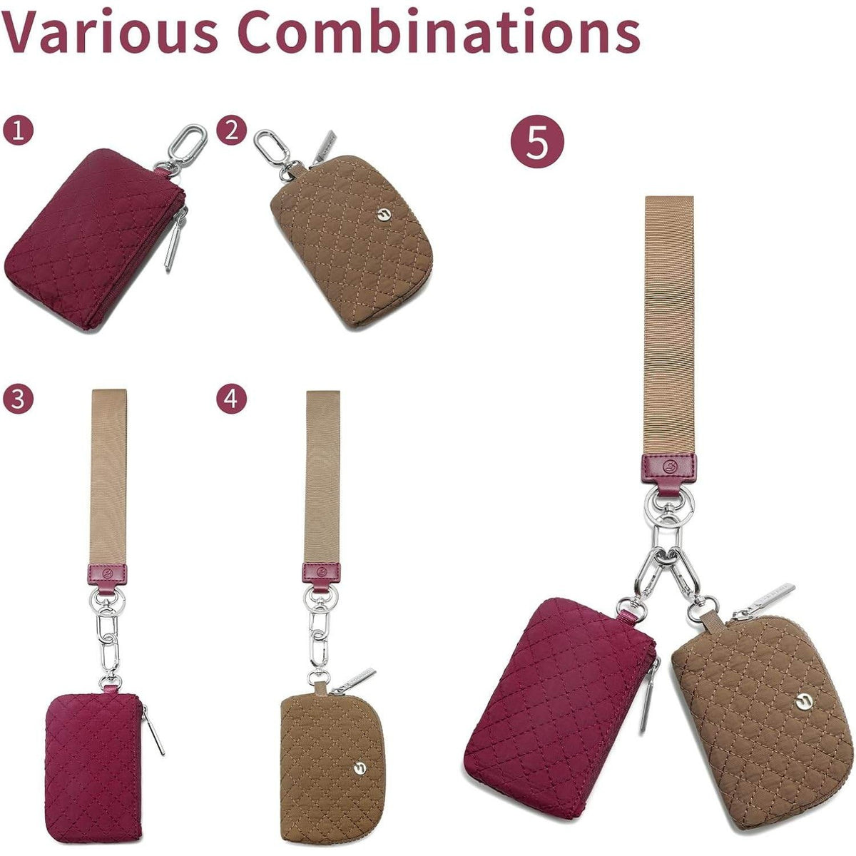 FODOKO Wristlet Wallet for Women Brown/Burgundy, Detachable Dual Pouch