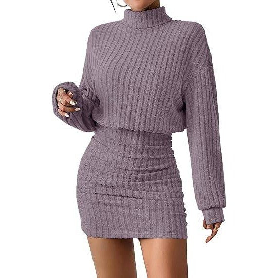 MSRP $26 AUXDIO Women's L Purple Mock Neck Sweater Dress Fall Long Lantern
