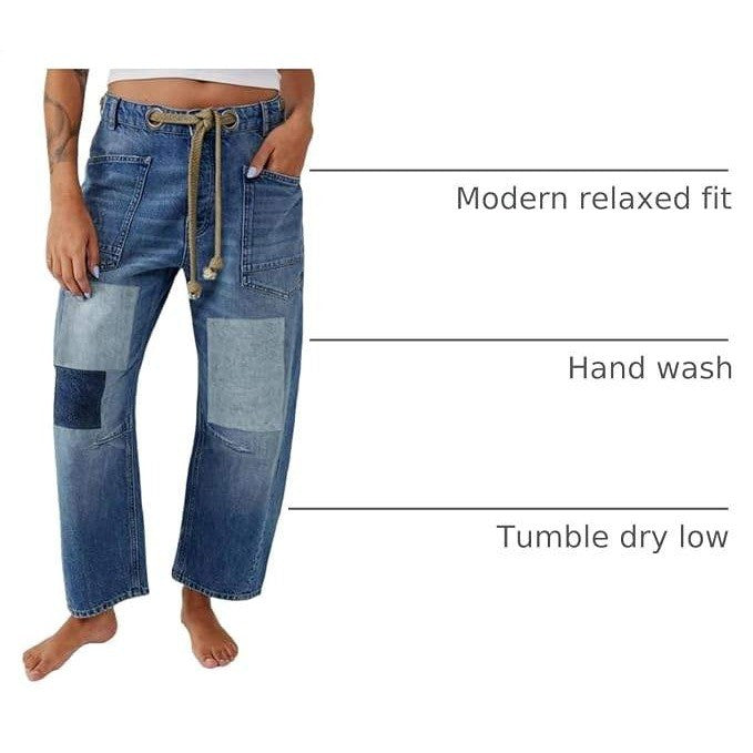 PLNOTME Womens 10 Blue Baggy Barrel Horseshoe Jeans Wide Leg Patchwork Low