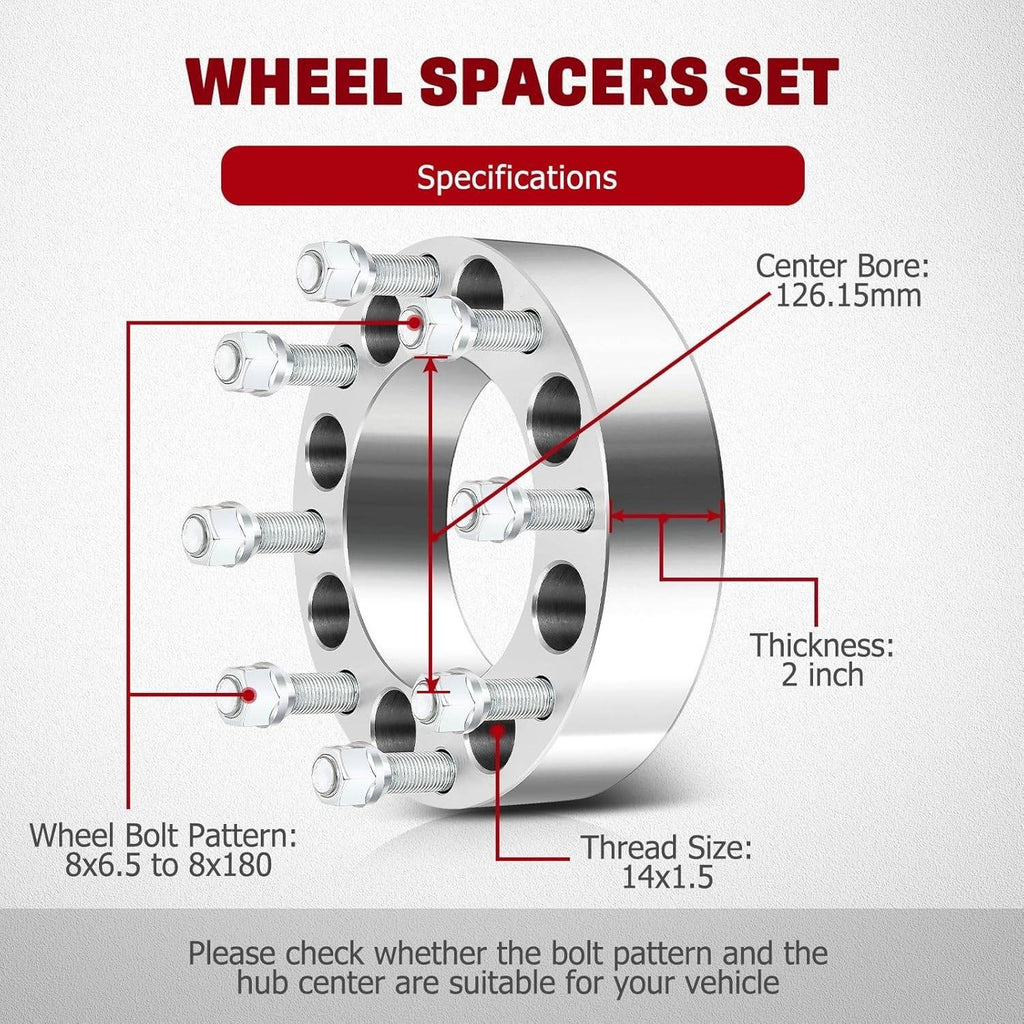 Set of 4 GDSMOTU 2" Wheel Adapters 8x6.5 to 8x180, 14x1.5 Studs, 126.15mm Hub