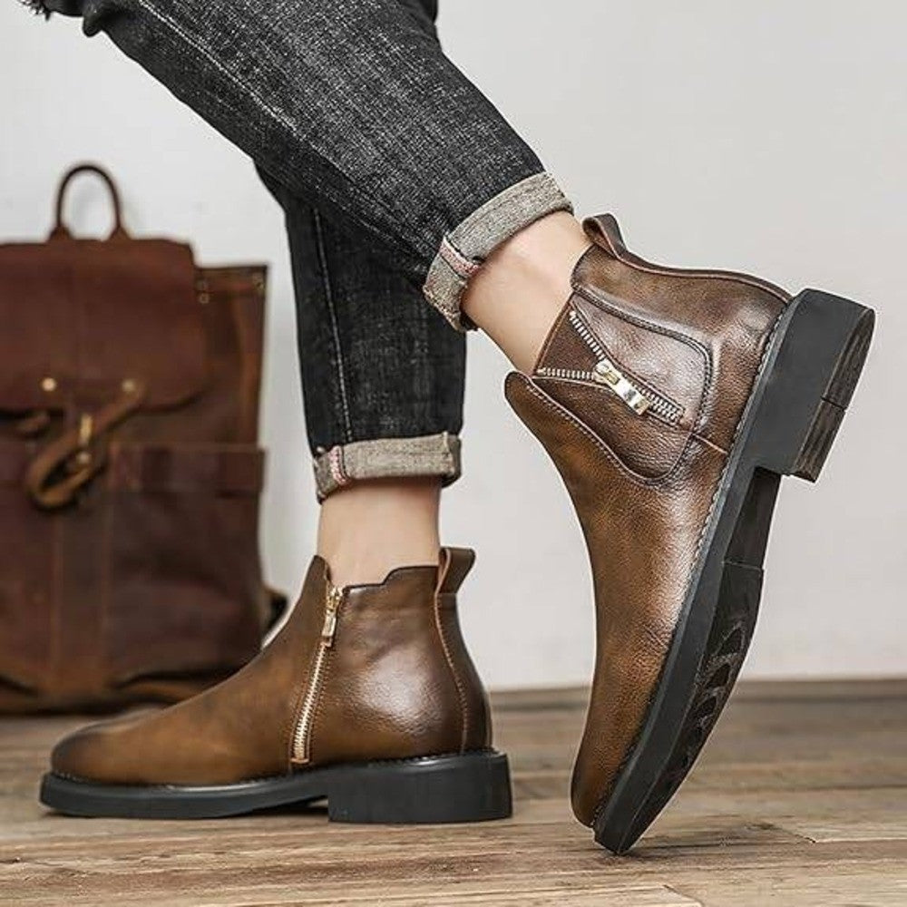 Santimon Men's US 9.5 Brown Leather Double Side Zipper Casual Dress Ankle Boots
