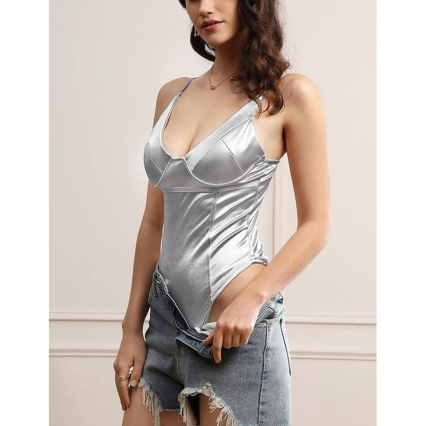 MSRP $31 Velius Women's L Sexy Silver Metallic Shiny Bodysuit Tank Top for Night