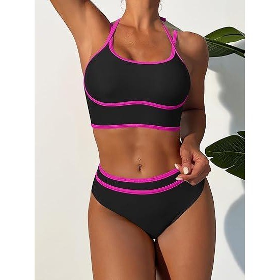 MSRP $26 ANRABESS Women's M Black/Pink Halter Bikini Set Color Block Two Piece