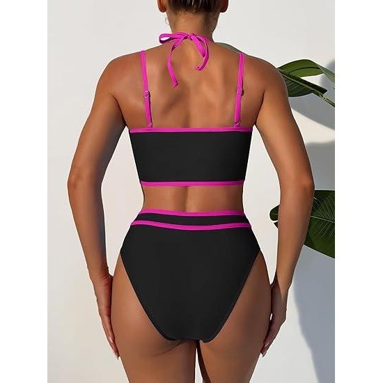 MSRP $26 ANRABESS Women's M Black/Pink Halter Bikini Set Color Block Two Piece