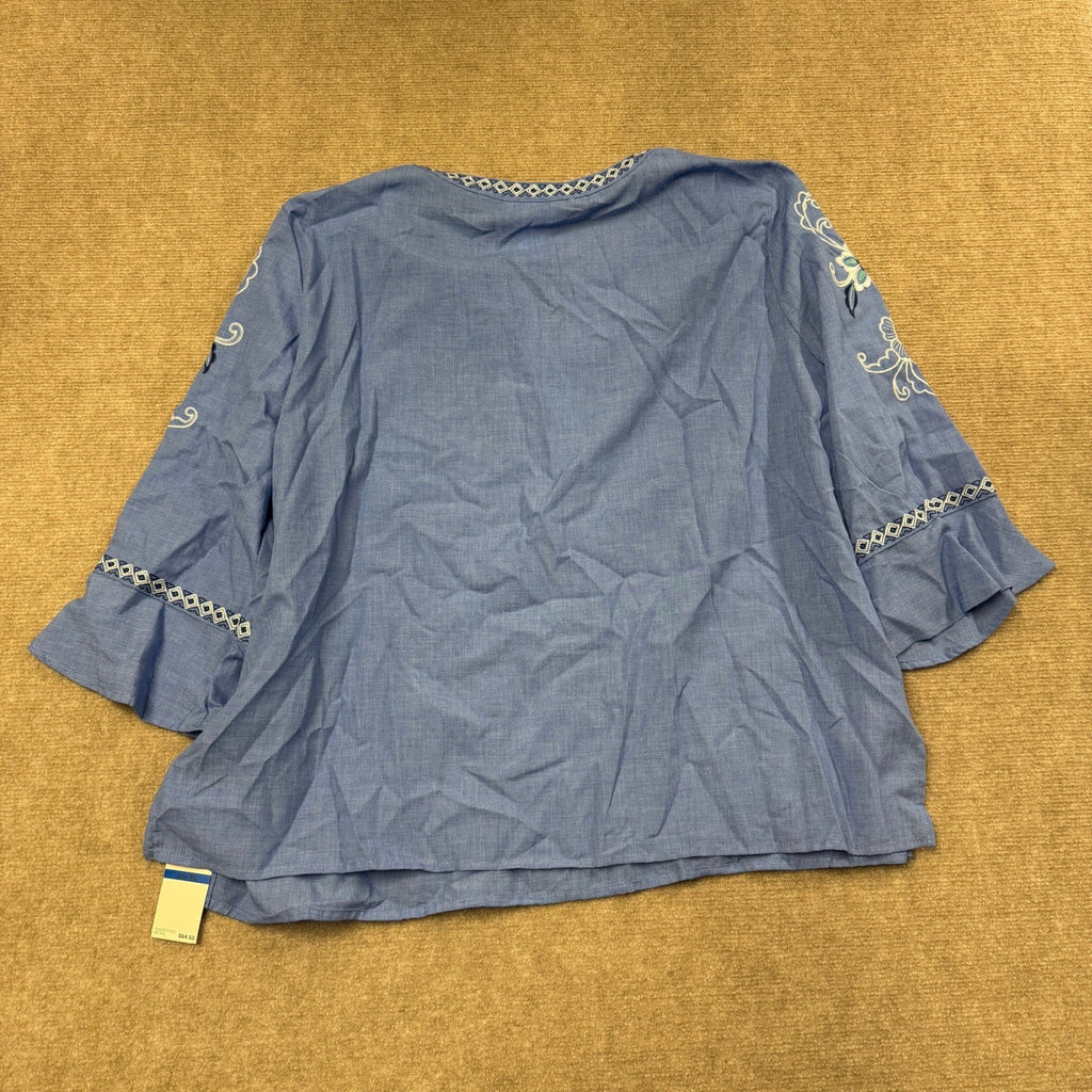 MSRP $64 Alfred Dunner Mykonos Womens XL Light Blue Embroidered Blouse Split Cre