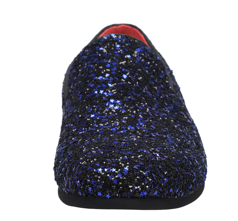 Santimon Men's US 7.5-12 Blue Sequins Glitter Smoking Loafers Casual Shoes
