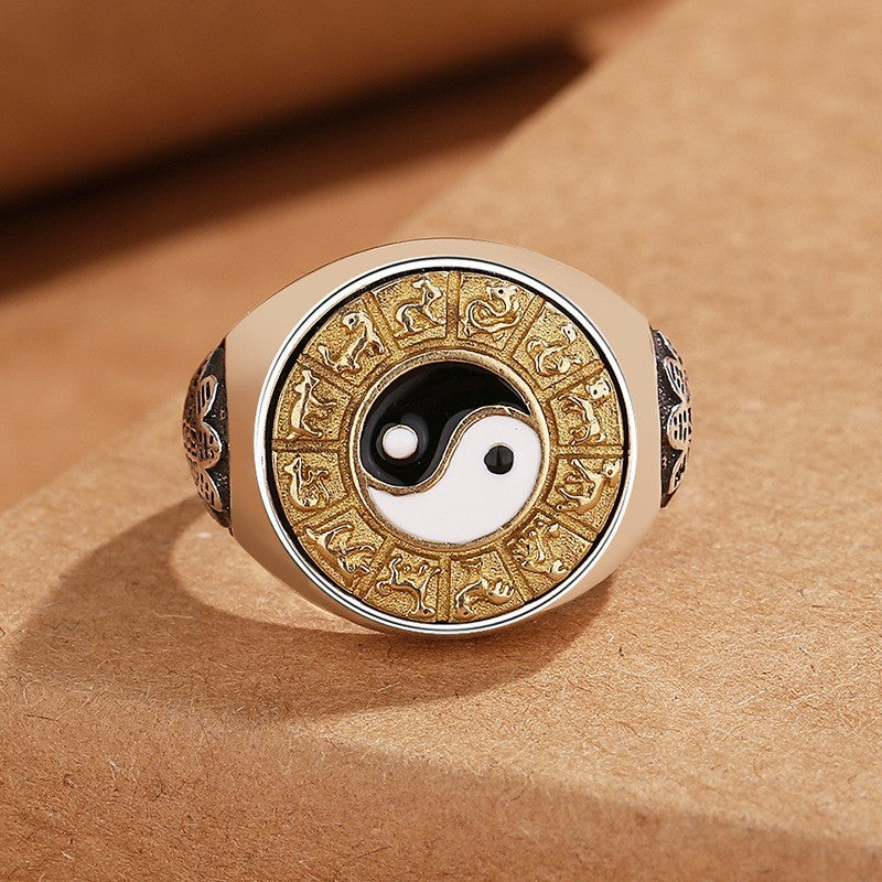 Yin Yang Chinese Horoscope Zodiac Signet Spinner Ring Stainless Steel Size 7