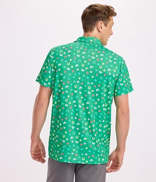 NWT Tomwol Men's Green Lucky Charmer Golf Polo Shirt Funny St Patricks Day Short