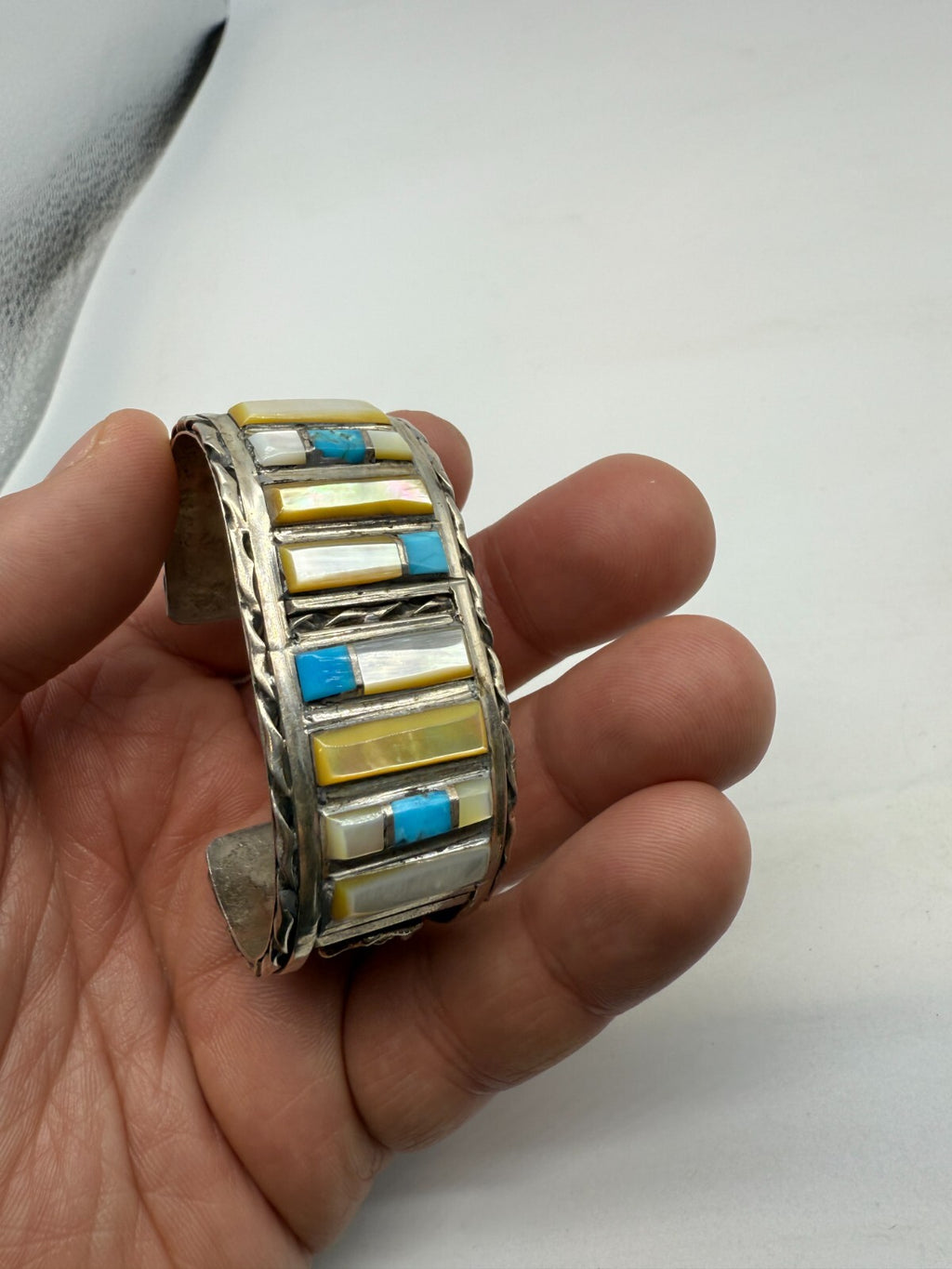 Vintage Navajo Sterling Silver Mother Of Pearl MOP Turquoise Inlay Cuff Bracelet