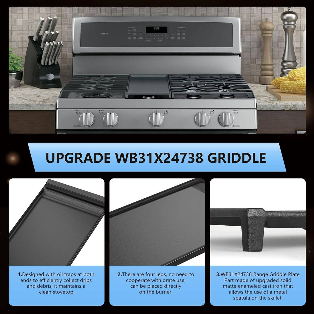 Set of 3 WB31X27151 Side Grate & WB31X24738 Center Griddle Plate Kit Stove Top