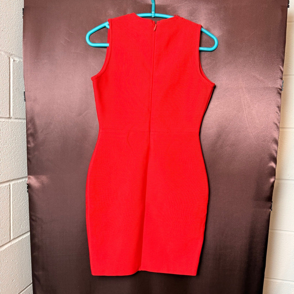 UONBOX Women's M Red Bandage V Neck Bodycon Sleeveless Split Mini Party Dress