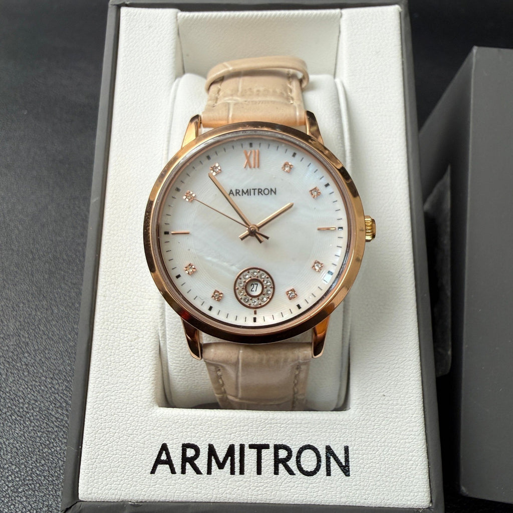 Armitron 75/5834RG Women's Rose Gold Tone Crystal Leather Strap Watch New Batte