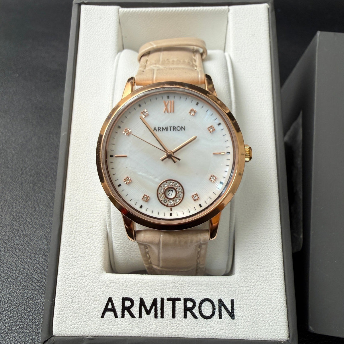Armitron 75/5834RG Women's Rose Gold Tone Crystal Leather Strap Watch New Batte