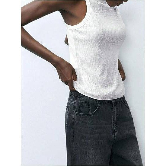 MSRP $30 Milumia Women's White S Sequin Tank Top Round Neck Sleeveless