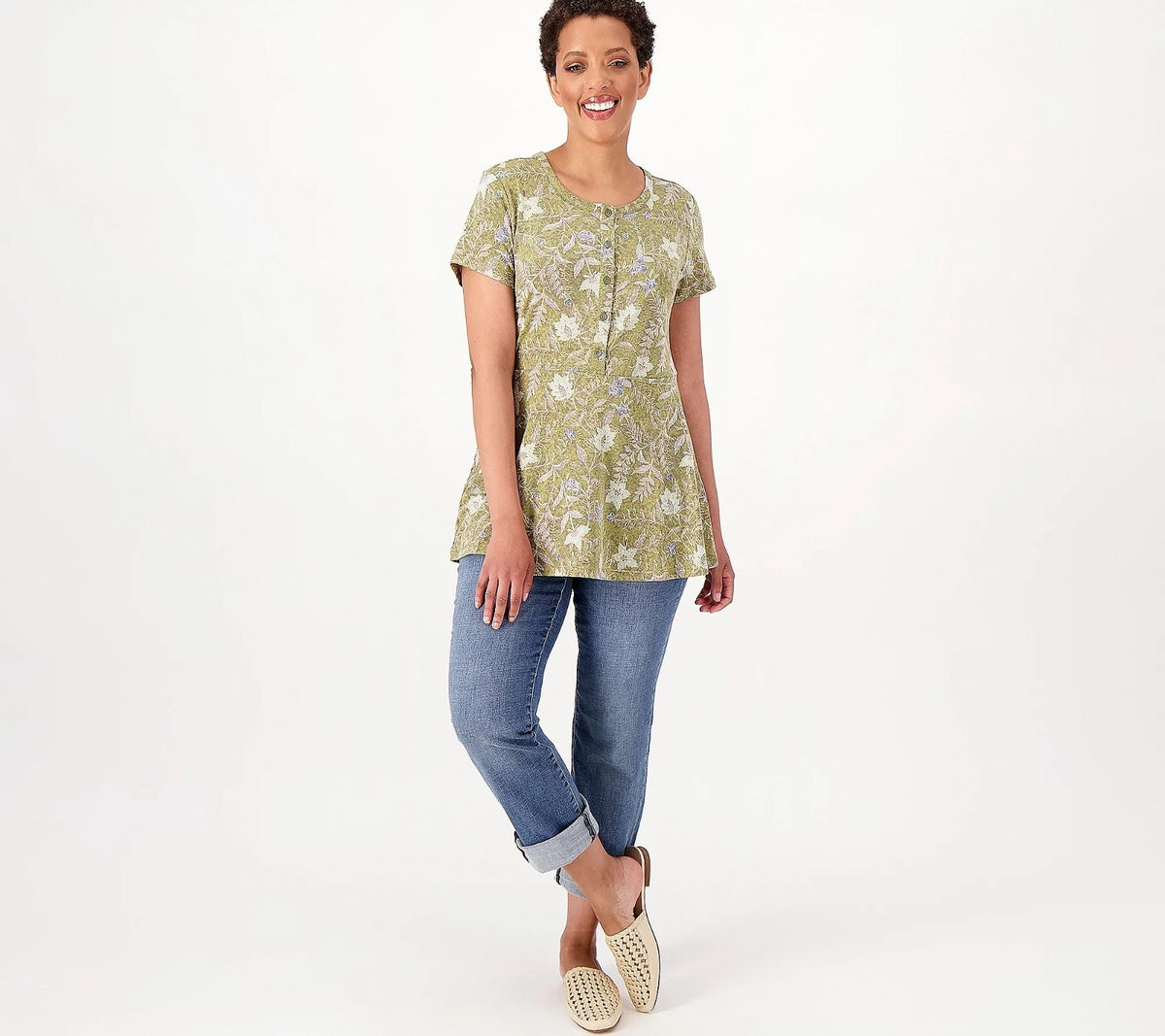 Isaac Mizrahi Live! Women's XXS, XS Dried Sage True Denim Short Sleeve Top Butto