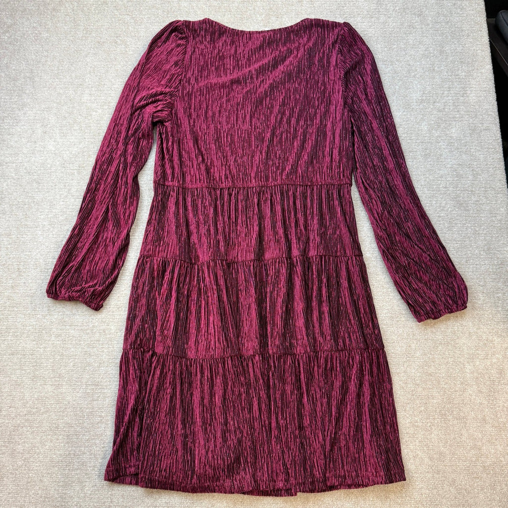 Simplee Women's L Wine Red Velvet Long Sleeve V Neck Fall Cocktail Dress Tiered