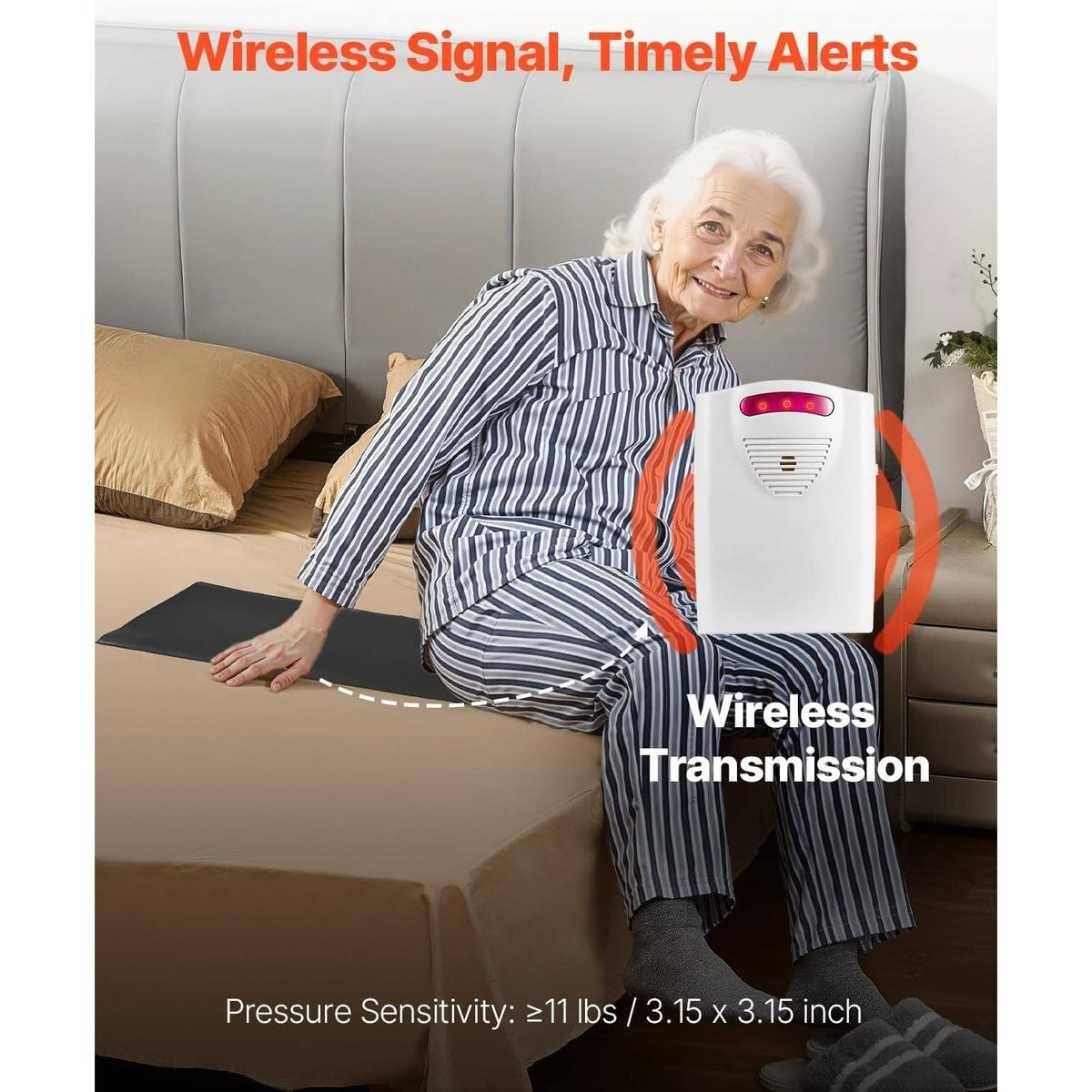 VEVOR 760IFT6 Bed Alarm System for Elderly Adults, 14x30" Wireless Bed Sensor Pa