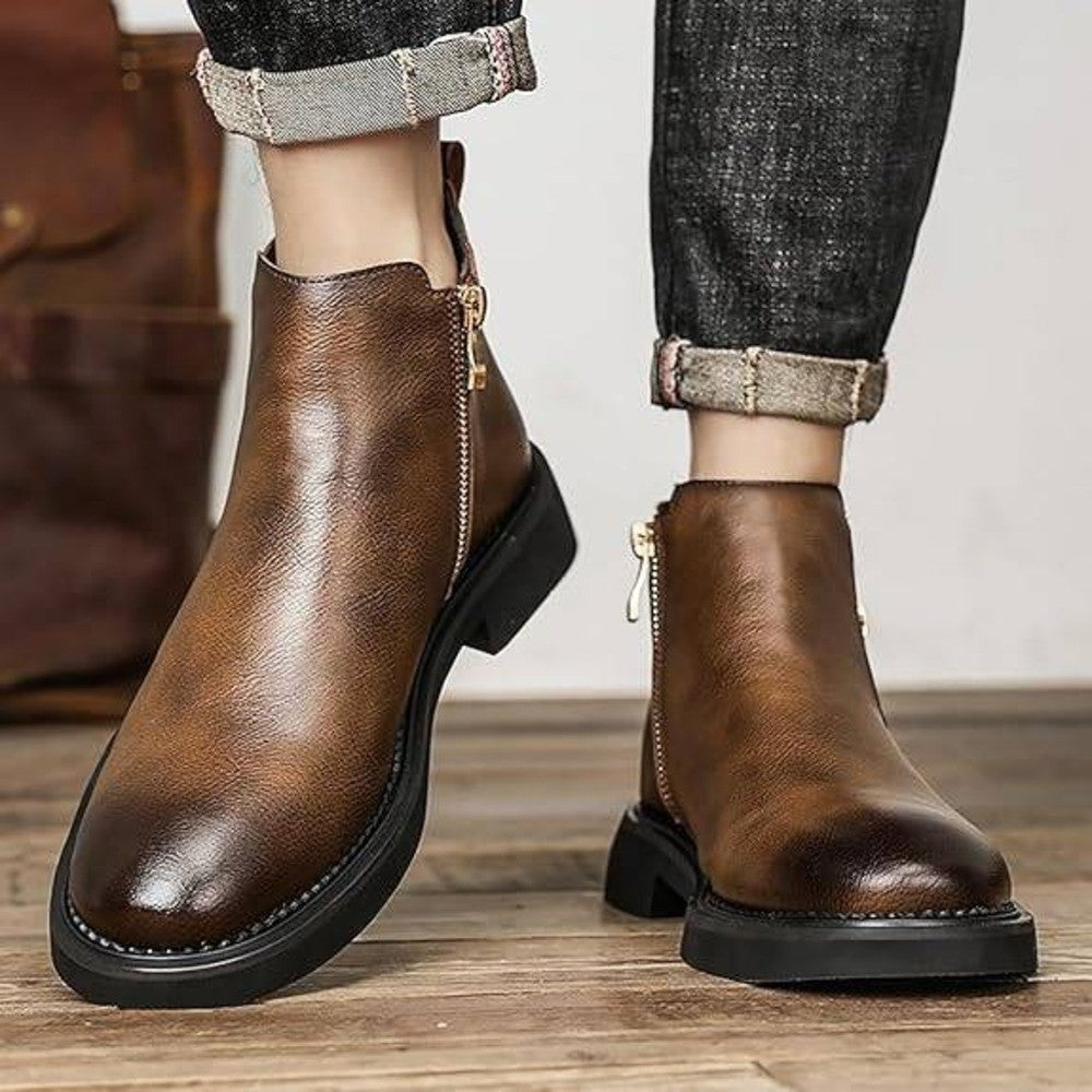 Santimon Men's US 9.5 Brown Leather Double Side Zipper Casual Dress Ankle Boots