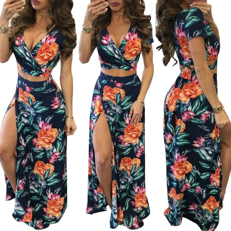 MSRP $48 Aro Lora Women's XL Sexy V Neck Floral Printed Side Slit Two-Piece Max