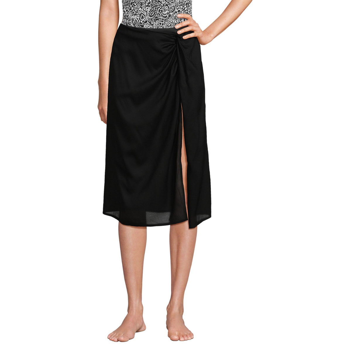 Lands' End Women's M-1X LONG Black Twist Front Swim Cover-up Skirt Knee Length