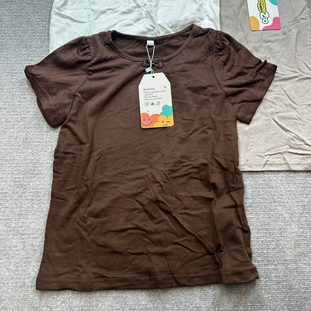 NWT LessonZoo 3 Pack Girls 9-10Y Cream/Khaki/Brown Bow Crewneck Tees Short S