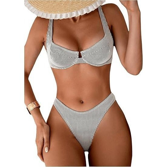 MSRP $39 SweatyRocks Women's L Black/White Two Piece Bikini Set Striped Print