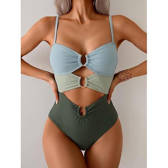 MSRP $48 Eomenie Women's S Green Color Block Cutout One Piece Swimsuit with Ri