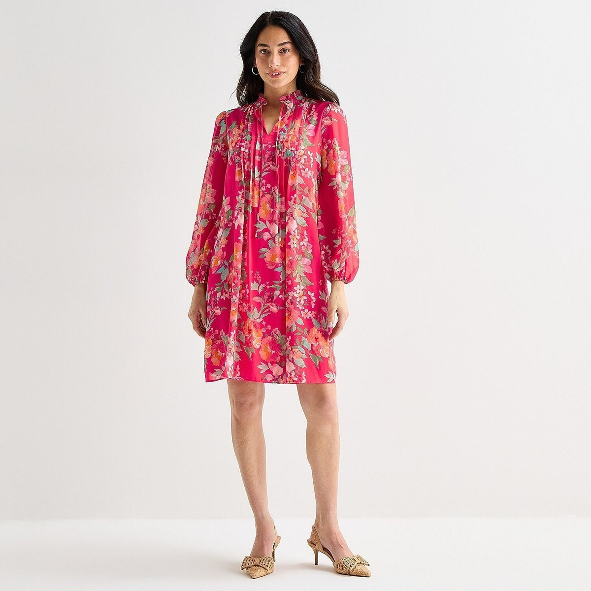 MSRP $89 Jessica Howard Womens L Floral Split Tie Neck Long Sleeve Shift Dress